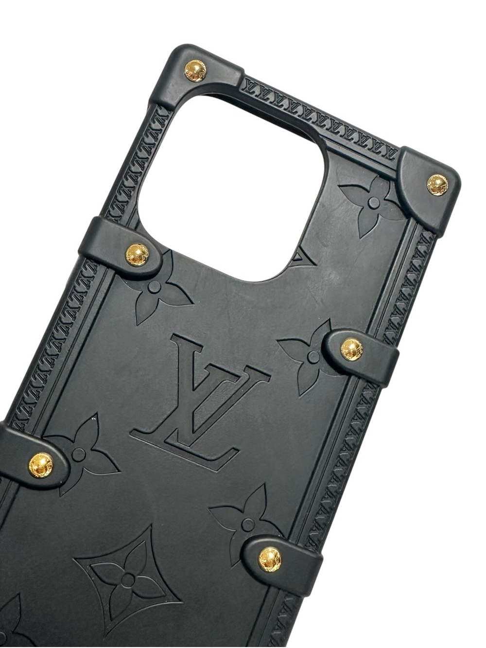Louis Vuitton Black Matte Embossed Monogram Trunk iPhone 14 Pro Case Gold Chain - Picture 4 of 16